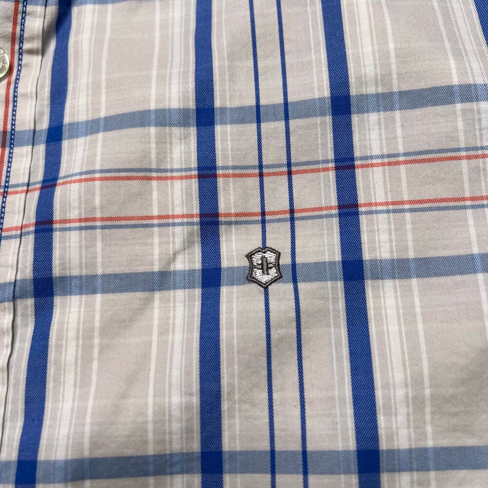 Victorinox Button Down Shirt‎ Men’s Medium Slim Fit Plaid White Blue Long Sleeve - Picture 8 of 10
